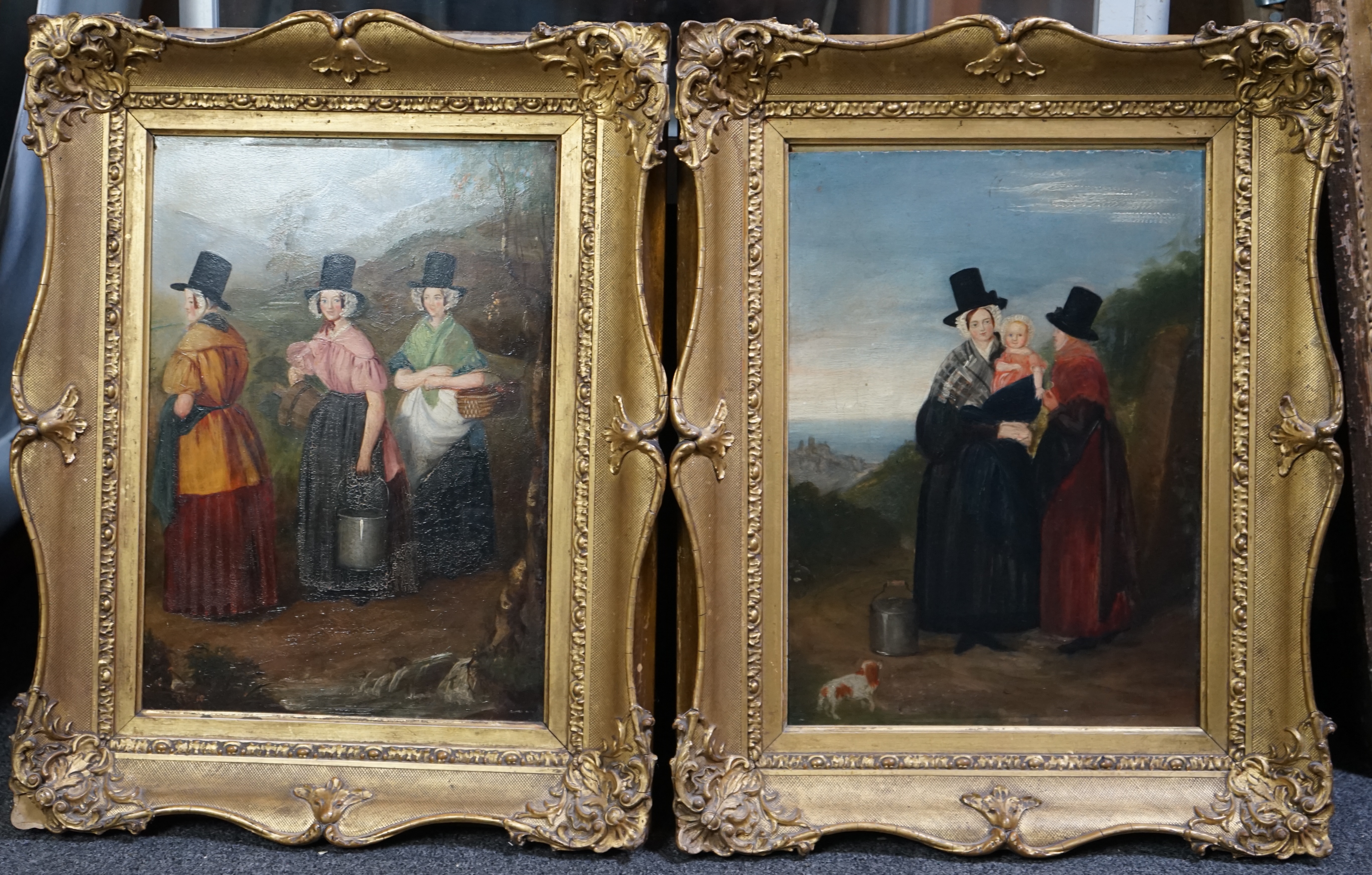 19th Century Welsh School, Welsh women in landscapes, oil on board, a pair, 35 x 25cm
